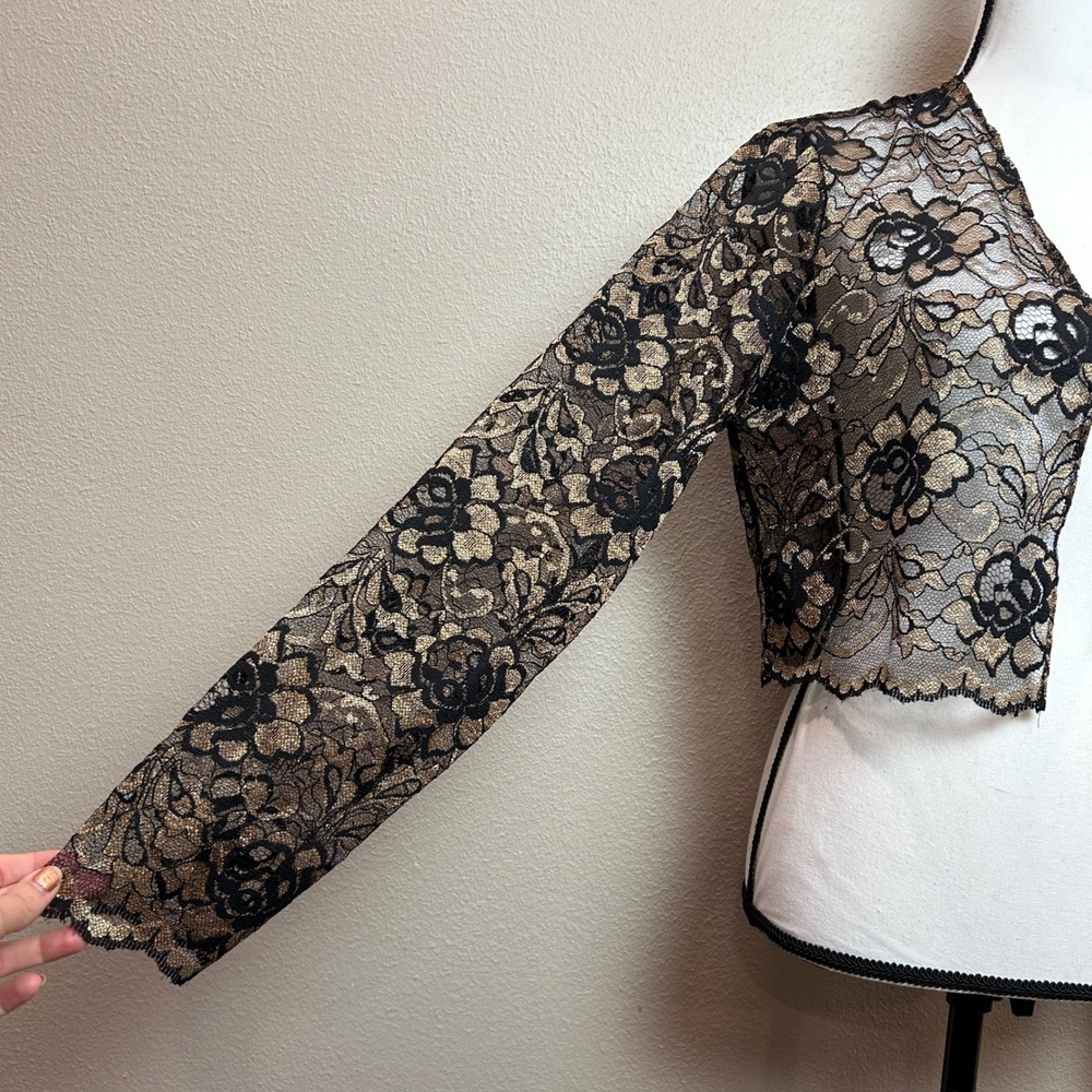 Vintage Lace Bolero Jacket Womens 14 Black Gold Metallic Floral Shrug Sheer Chic - Picture 9 of 15